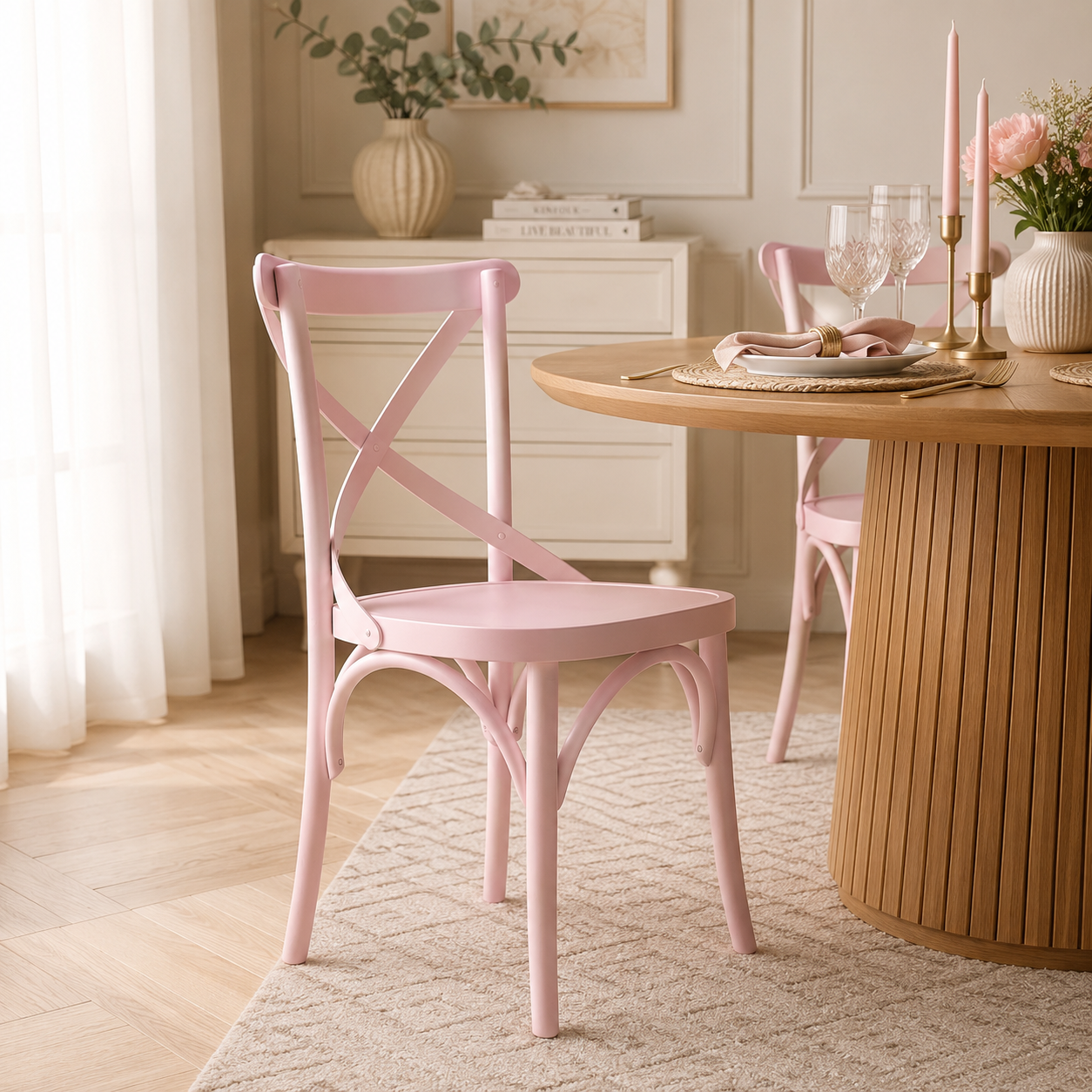 Cadeira de Madeira X Boho Cor Rosa Pastel