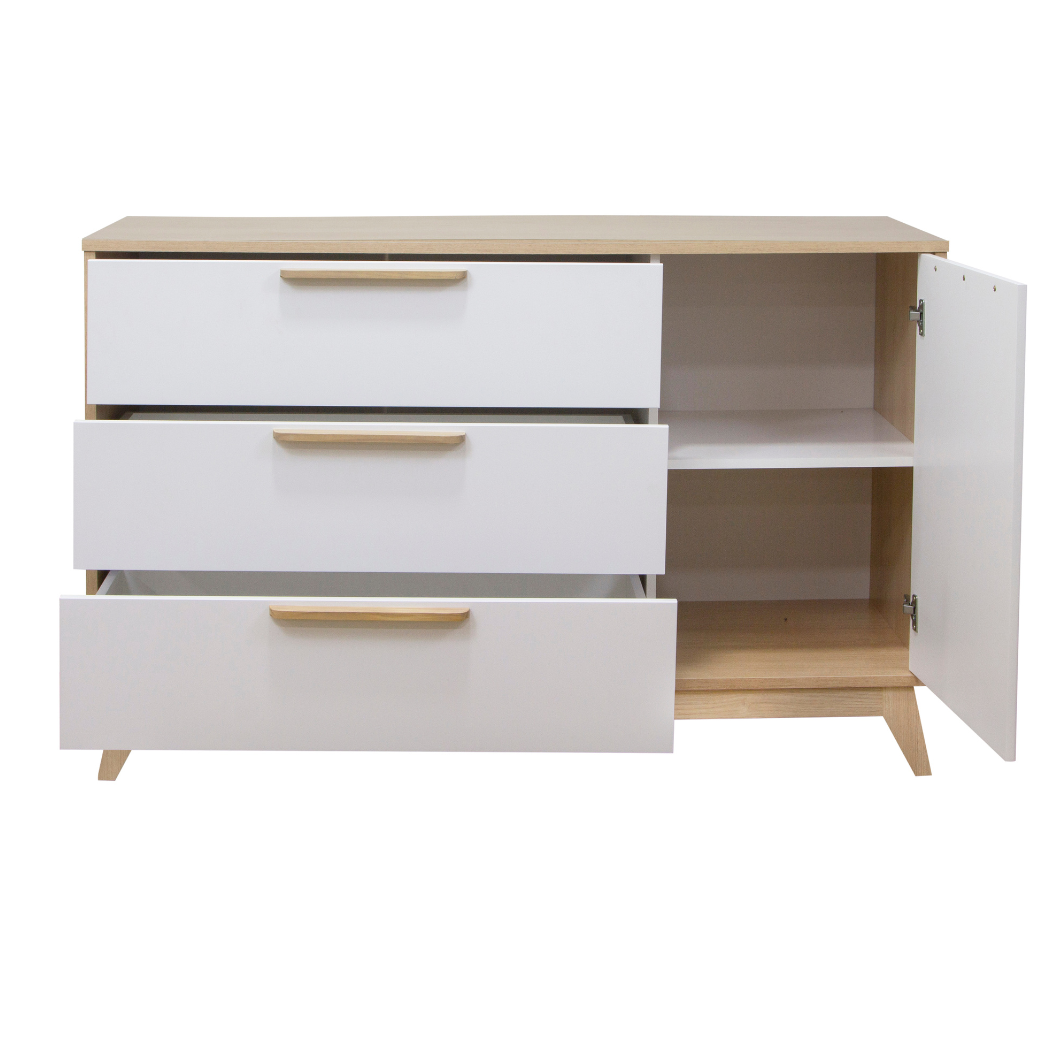 Cômoda Grande Infantil 3 Gavetas e 1 Porta Petit Cor Branco e Carvalho - Quater