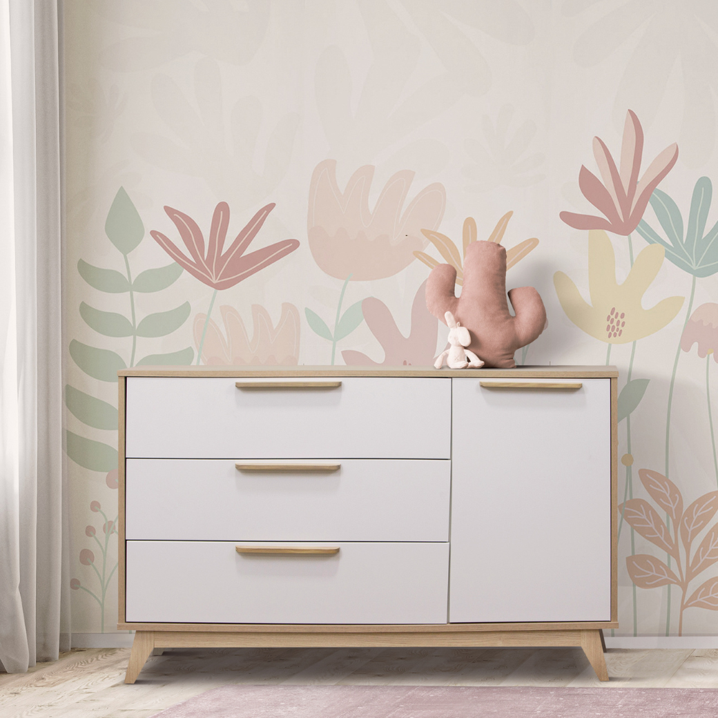 Cômoda Grande Infantil 3 Gavetas e 1 Porta Petit Cor Branco e Carvalho - Quater