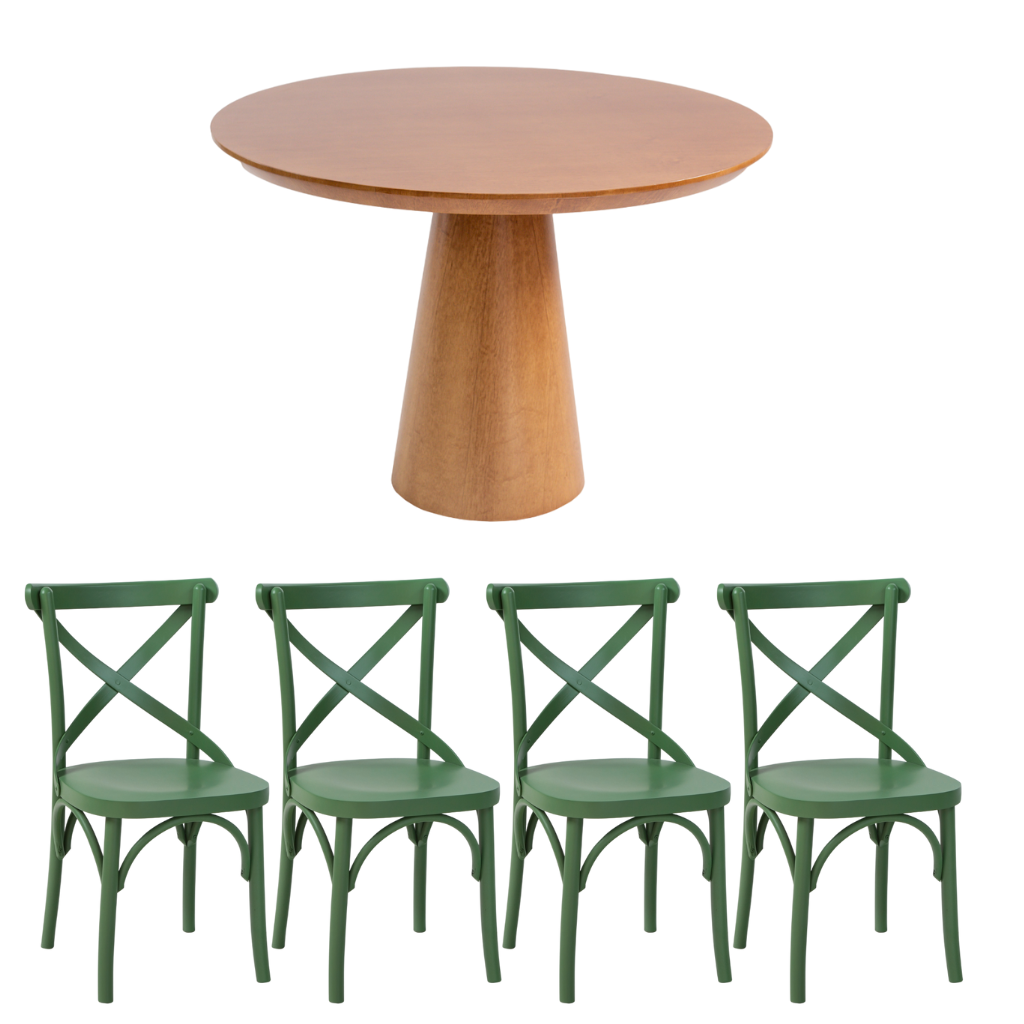 Mesa de Jantar Redonda Sarah Base Cone Amêndoa e Tampo Amêndoa 110 cm + 4 Cadeiras X Boho Cor Verde