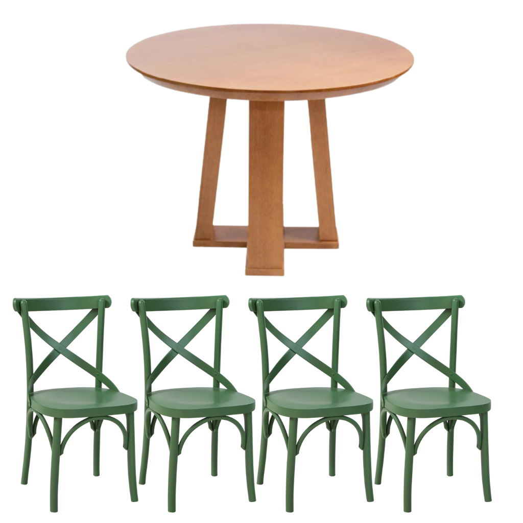 Mesa de Jantar Redonda Rachel Base X Amêndoa e Tampo Amêndoa 110 cm + 4 Cadeiras X Boho Cor Verde