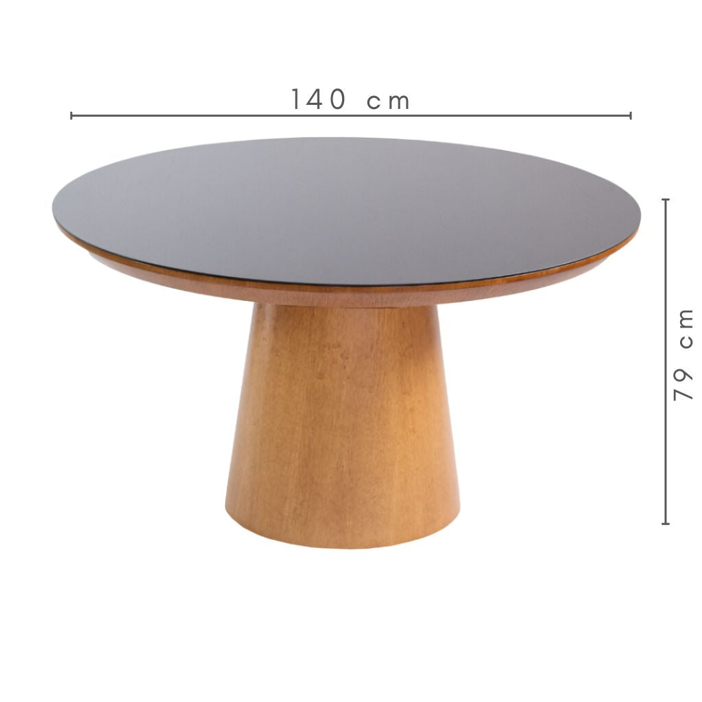 Mesa de Jantar Redonda Vitória Base Cone Amêndoa e Tampo Amêndoa e Vidro Preto 140 cm