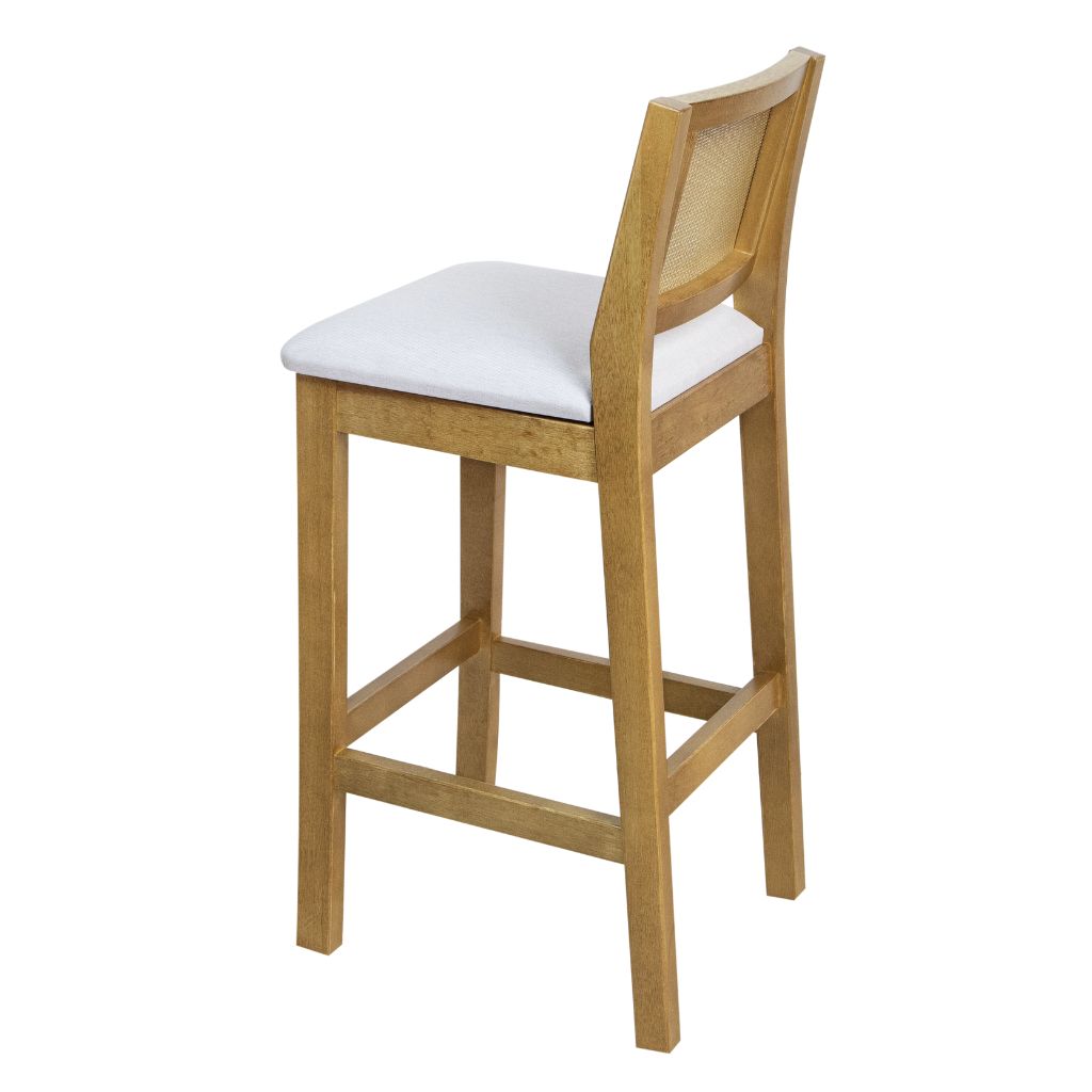 Banqueta Madeira com Trama Natural e Estofado Silvia cor Amêndoa Tecido Linho Creme Baixa