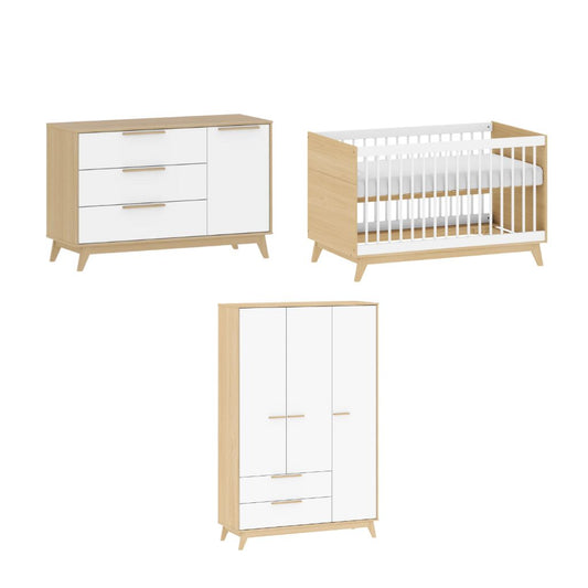 Conjunto Quarto Bebê: Berço + Cômoda 3 Gavetas e 1 Porta  + Guarda Roupa 3 Portas e 2 Gavetas Petit Branco e Carvalho