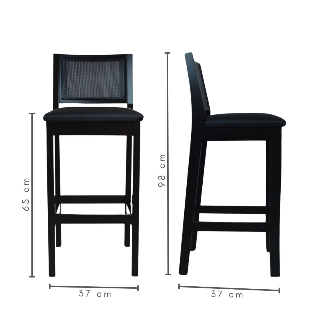 Banqueta de Madeira com Telinha e Estofado Silvia cor Preto Tecido Facto Preto Baixa