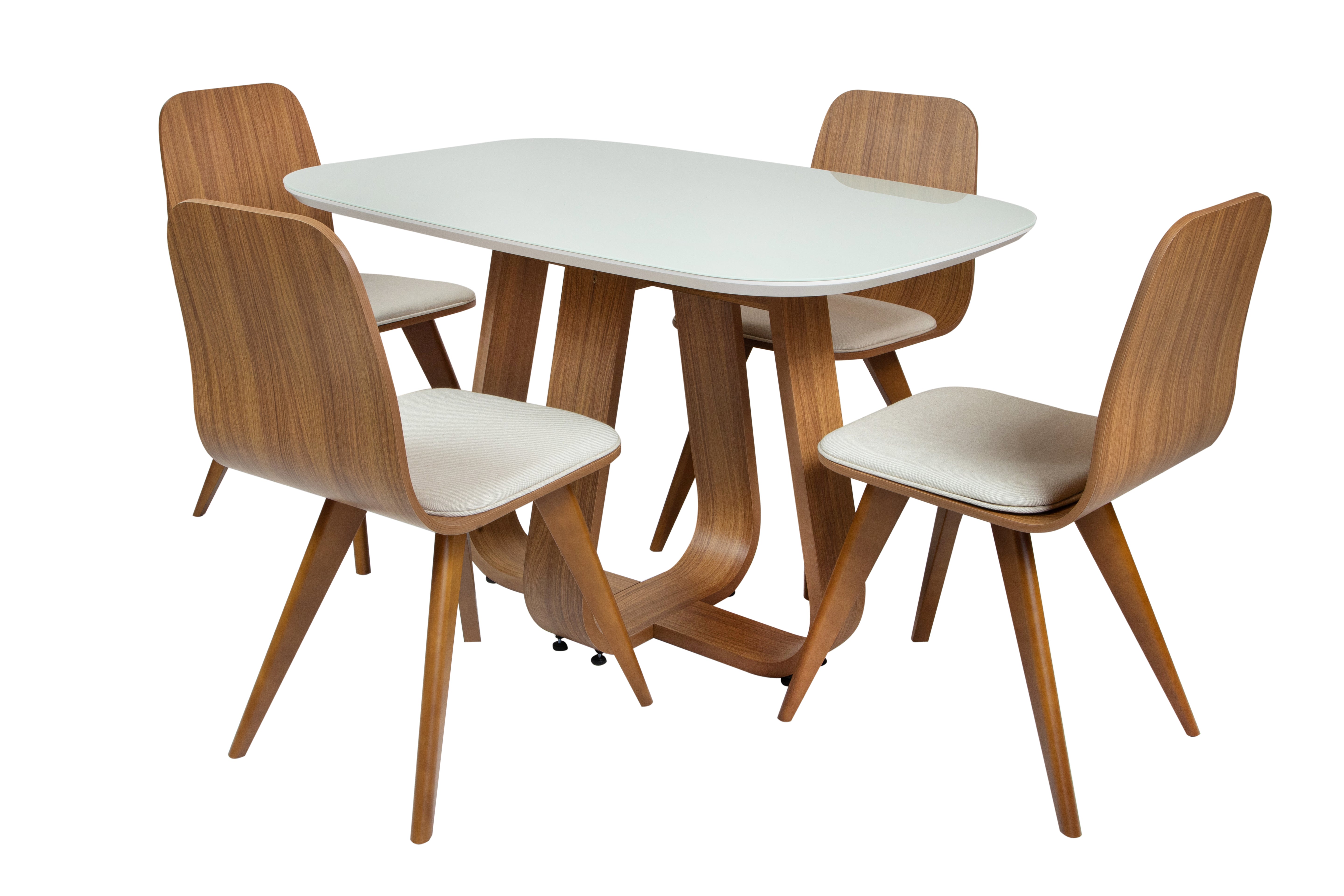 Mesa de Jantar Retangular Helena Cor Freijó com vidro Off White 117 cm + 4 Cadeiras de Jantar Lidiane