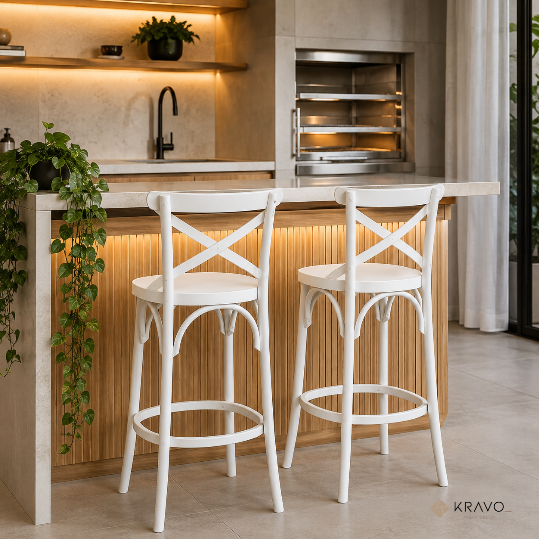 Banqueta de Madeira X Boho Cor Laca Branca Fosca Baixa