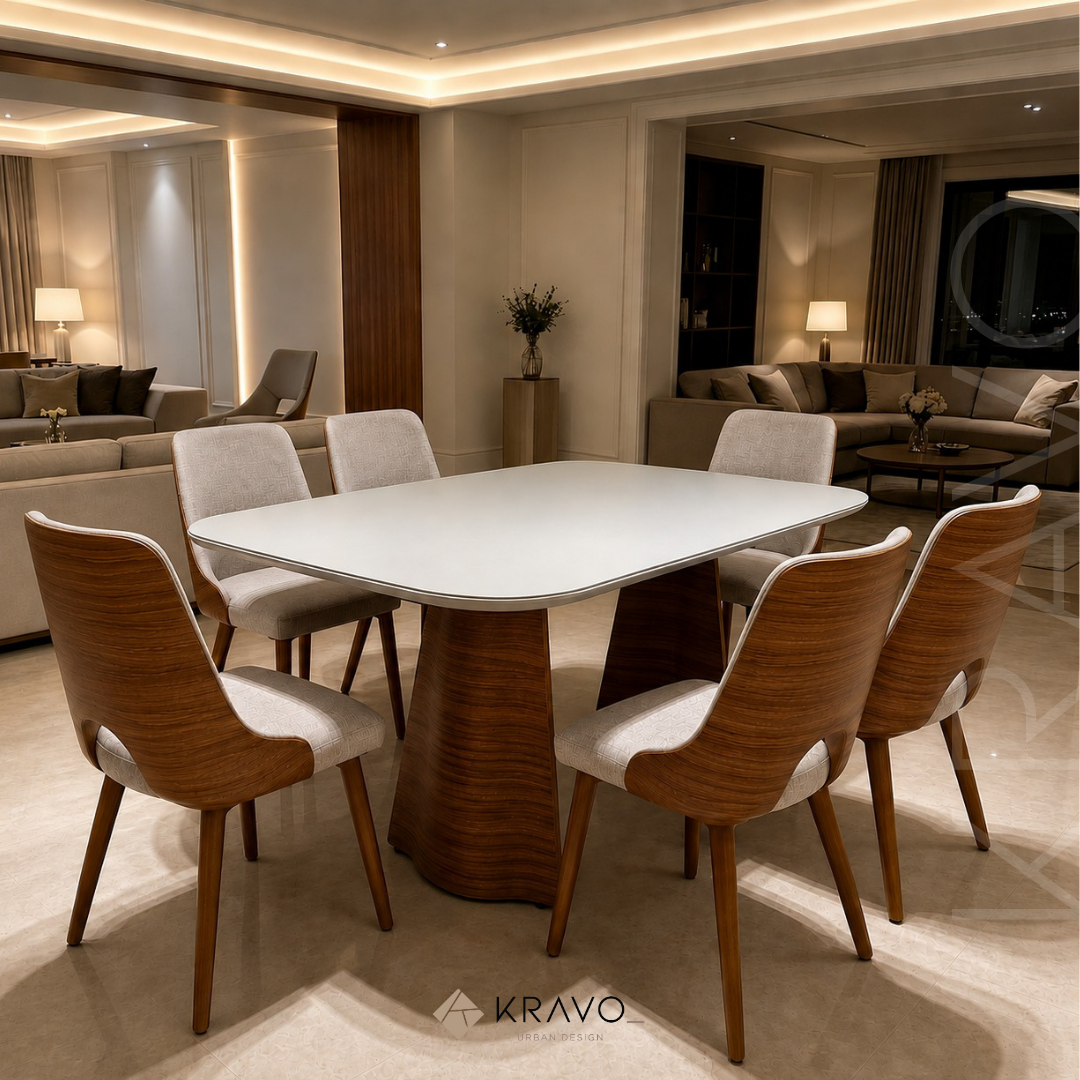 Mesa de Jantar Retangular Marcela 6 Lugares Cor Freijó com Vidro Off White 180x90cm