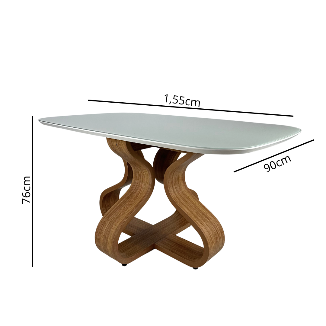 Mesa de Jantar Daiana Cor Freijó com vidro Off White  4 e 6 lugares