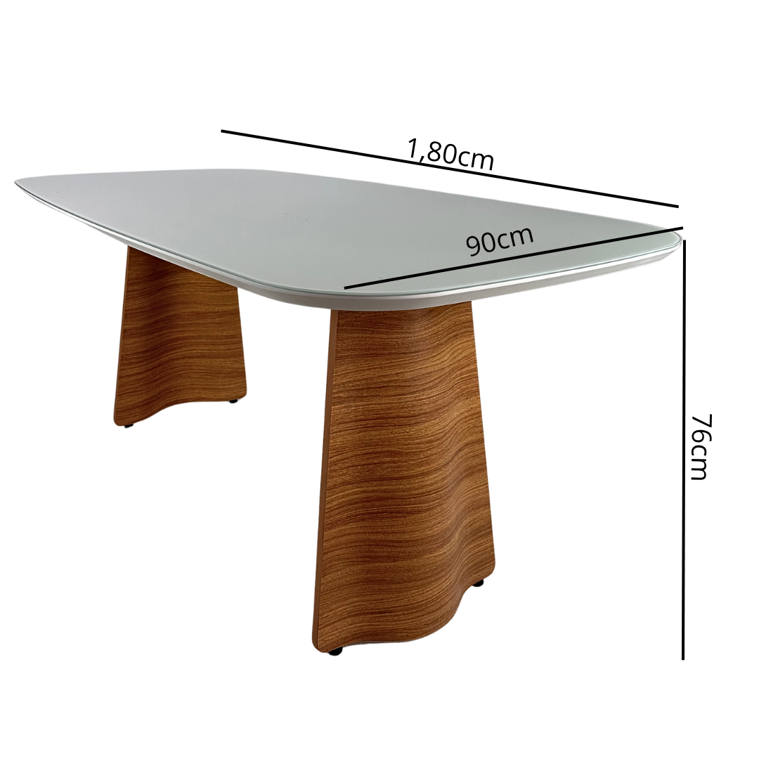 Mesa de Jantar Retangular Marcela 6 Lugares Cor Freijó com Vidro Off White 180x90cm