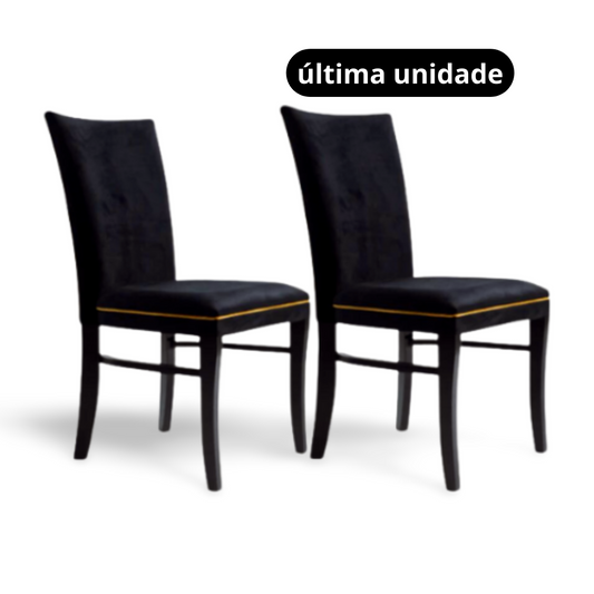 Cadeira Naíma Pés Preto Fosco e Tecido Veludo Preto + Debrum Dourado - Kit com 2