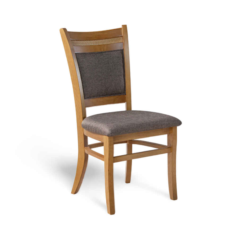 Cadeira de Jantar Tammy Cor Amêndoa Tecido Linho Marrom Detalhe em Rattan