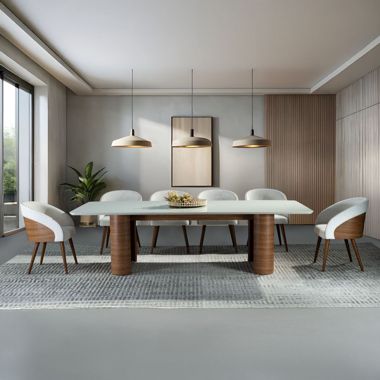 Mesa de Jantar Retangular Georgina Cor Freijó com vidro Off White 270 cm