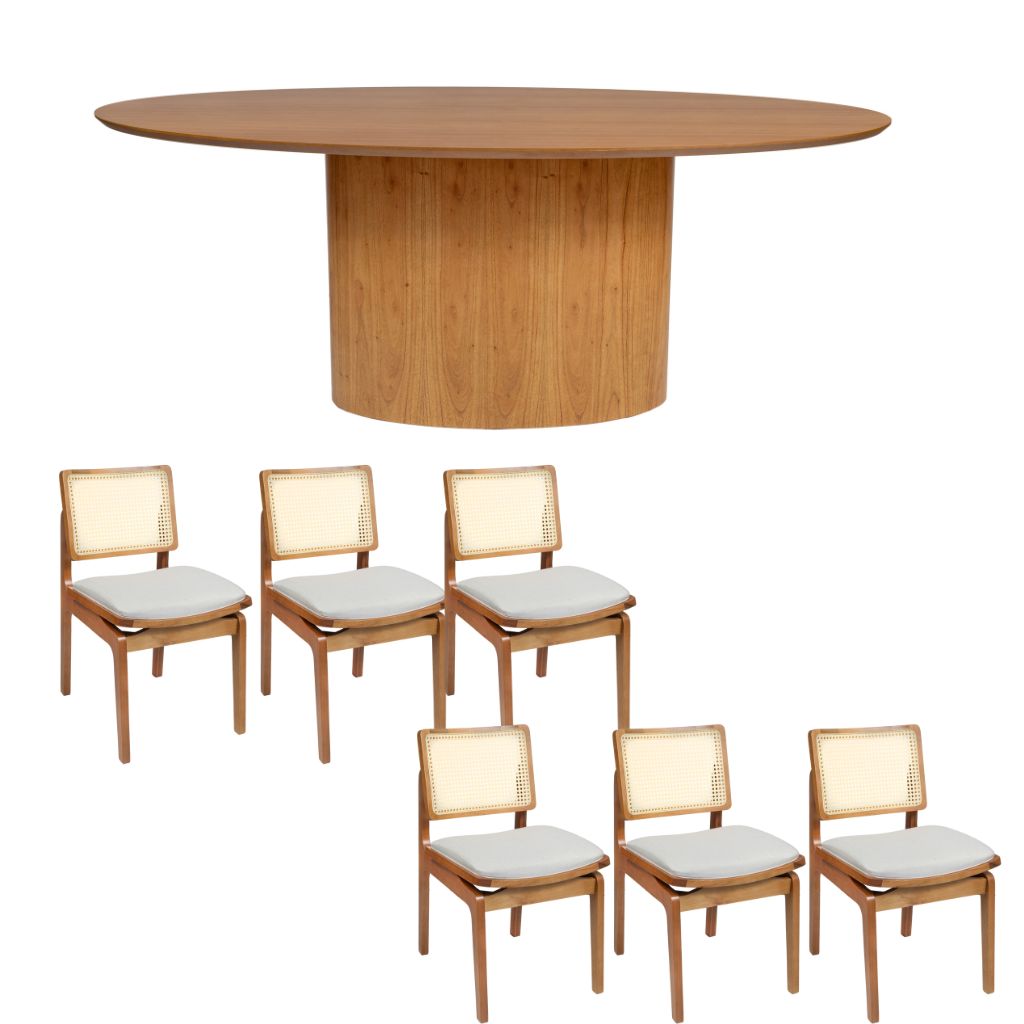 Mesa de Jantar Savana com Tampo e Base Oval 200x100 em Cinamomo + 6 Cadeiras Florença com Tela Sextavada Cor Amêndoa