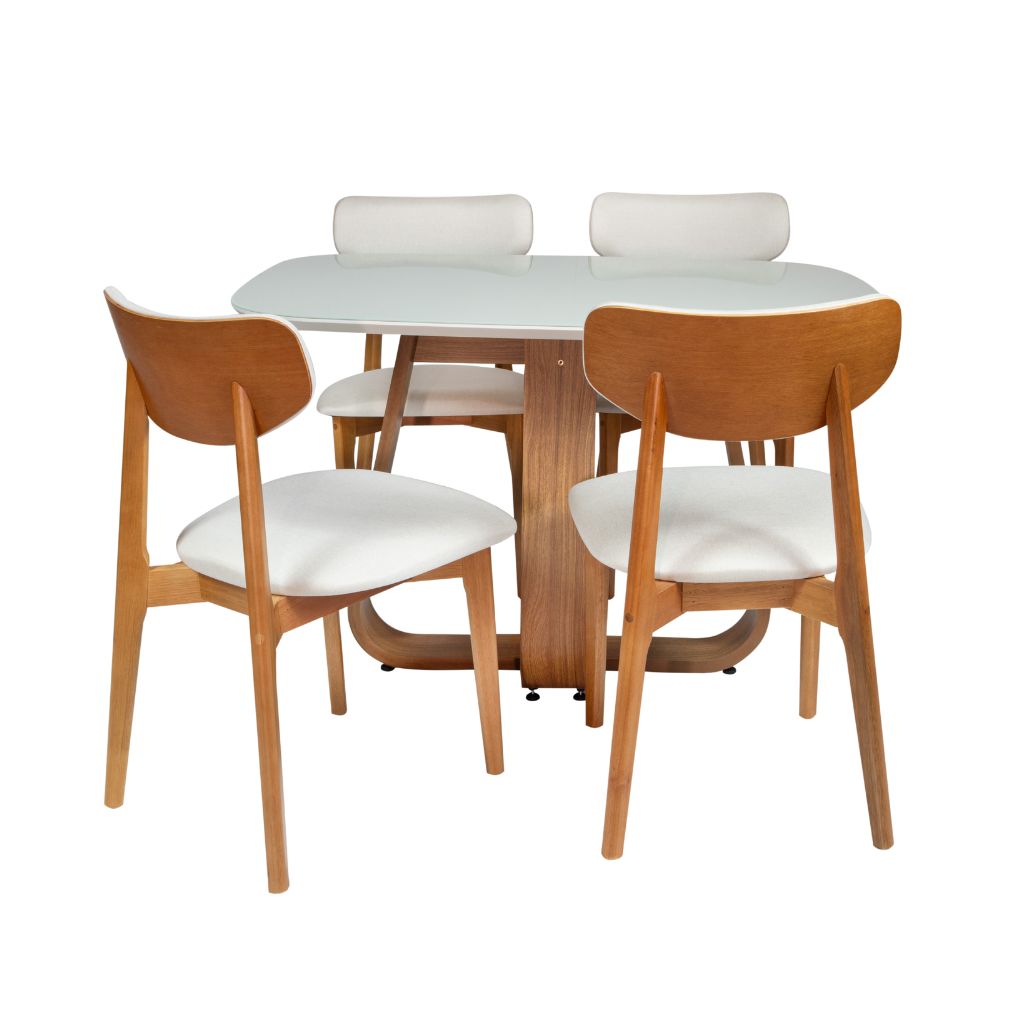 Mesa de Jantar Retangular Helena Cor Freijó com vidro Off White 117 cm + 4 Cadeiras Paris Amêndoa Tecido Bege