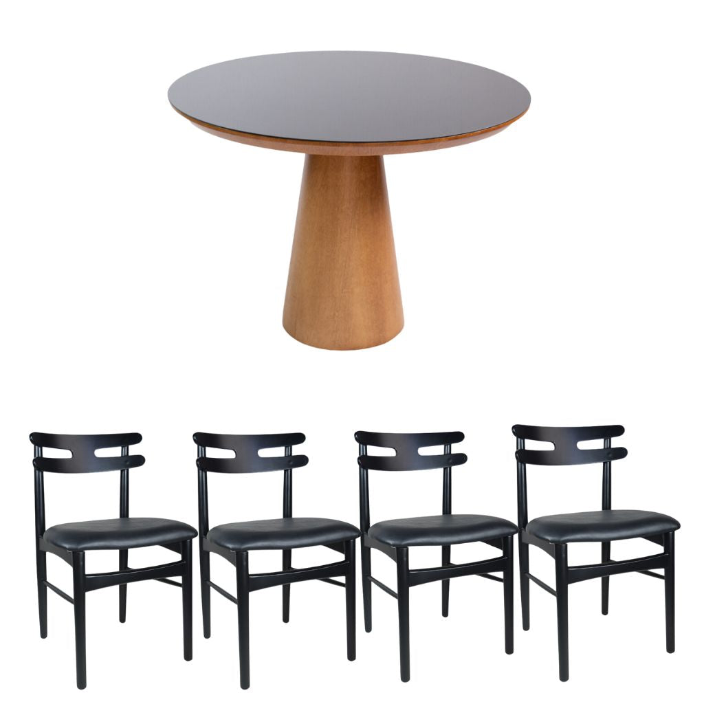 Mesa de Jantar Redonda Margô Cone/Tampo Amêndoa e Vidro Preto 110cm + 4 Cadeiras Madeira HW Hanna Preta Courino Preto