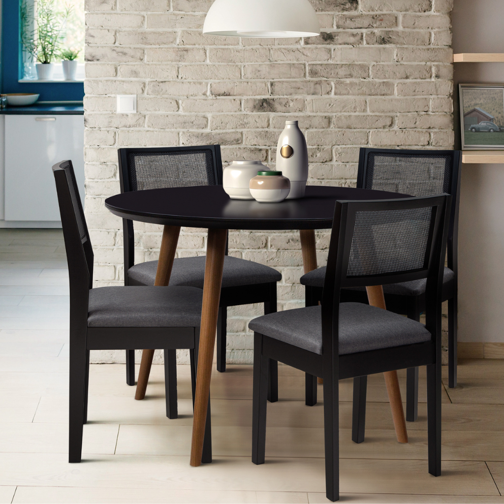 Mesa de Jantar Redonda Angela Pés Palitos Amêndoa Tampo Preto Com Vidro Preto Sobreposto 110 cm