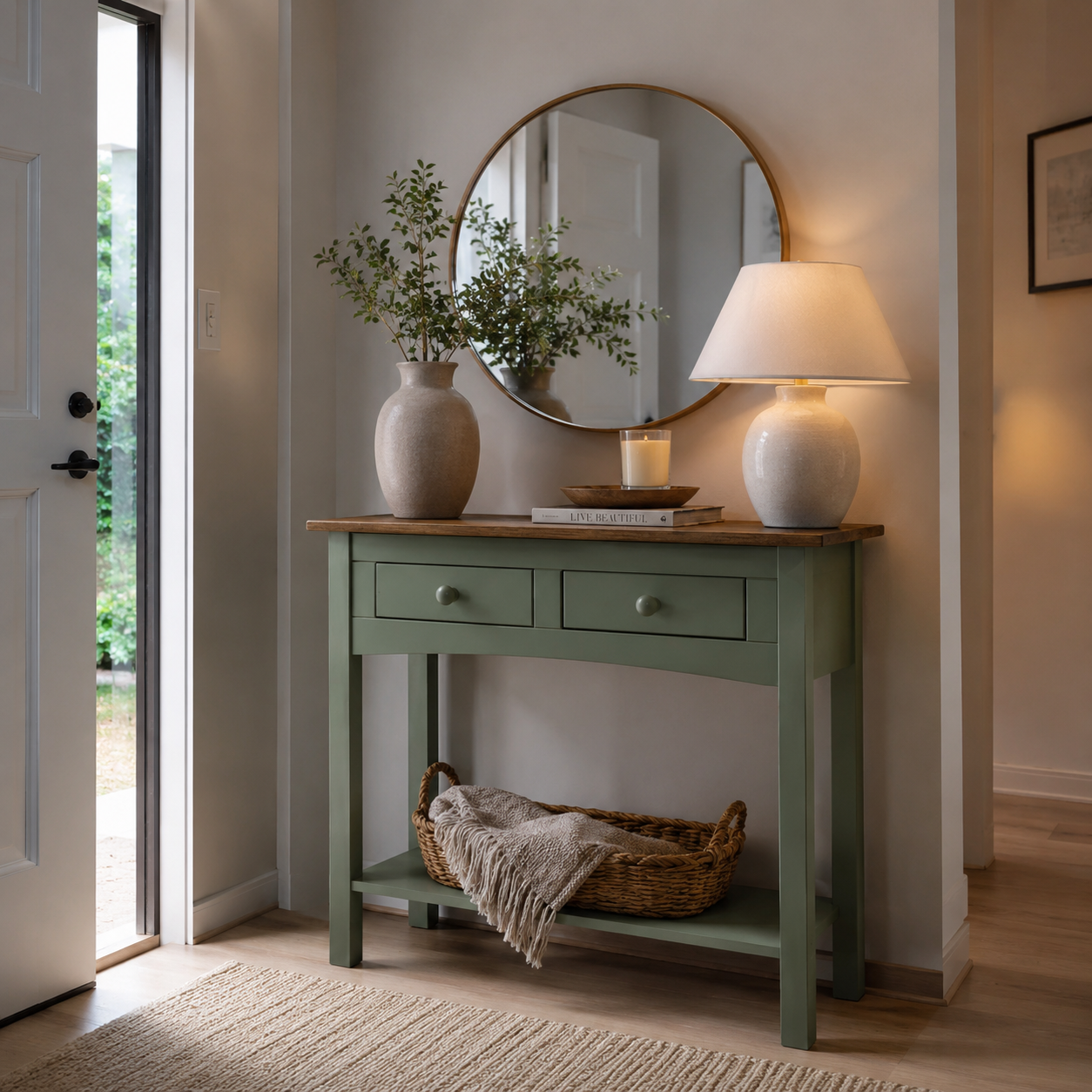Aparador de Sala ou Cozinha com  2 Gavetas em Madeira Cera Verde Boho