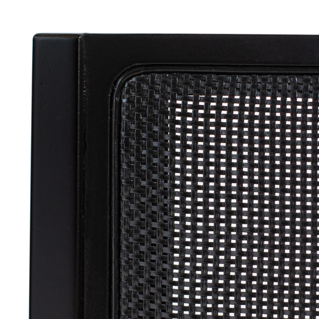 Mesa de Jantar Margô Cone/Tampo Amêndoa e Vidro Preto 110cm + 4 Cadeiras com Telinha Silvia Preta Tecido Linho Escuro