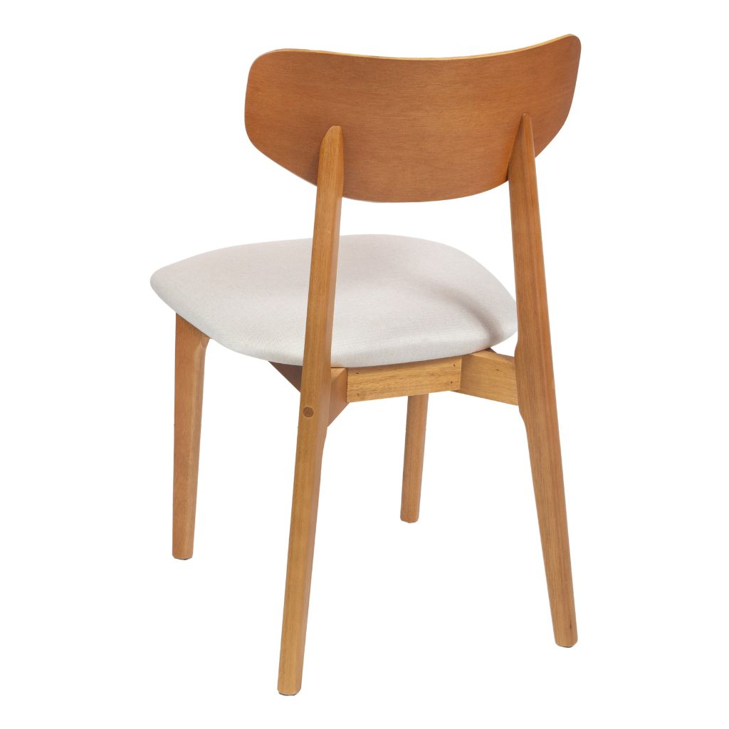 Mesa de Jantar Palheta com Tampo Triangular 140 e Base Cilíndrica em Cinamomo + 6 Cadeiras Paris Amêndoa Tecido Bege