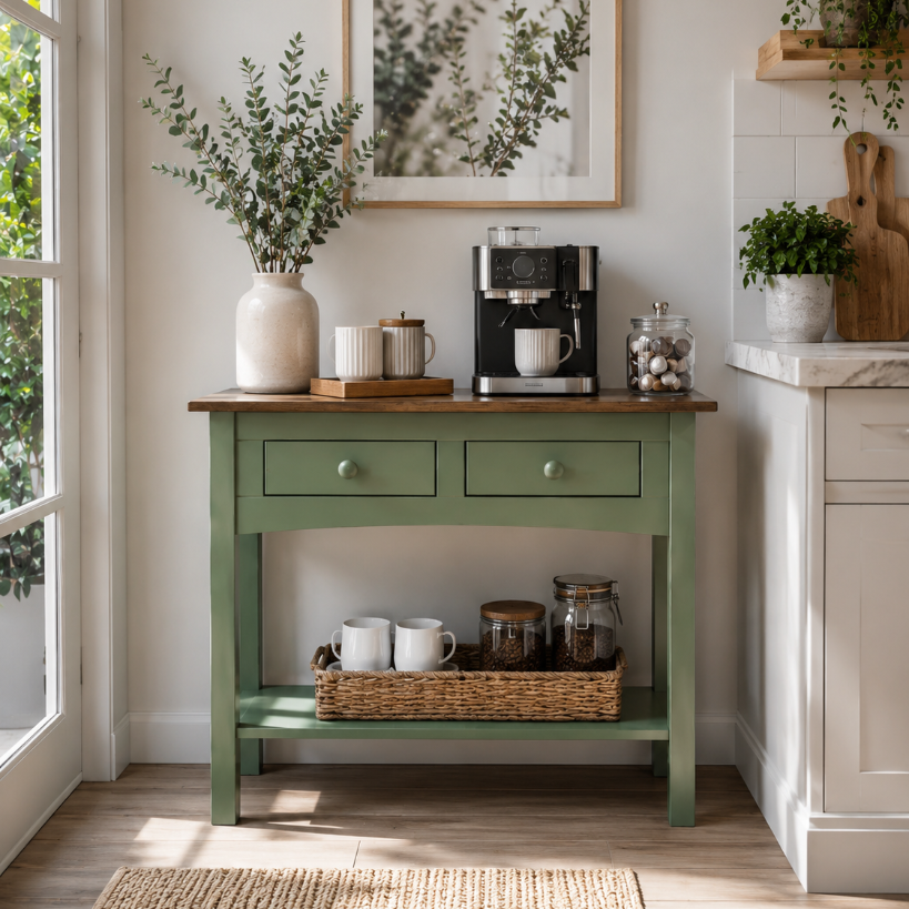Aparador de Sala ou Cozinha com  2 Gavetas em Madeira Cera Verde Boho