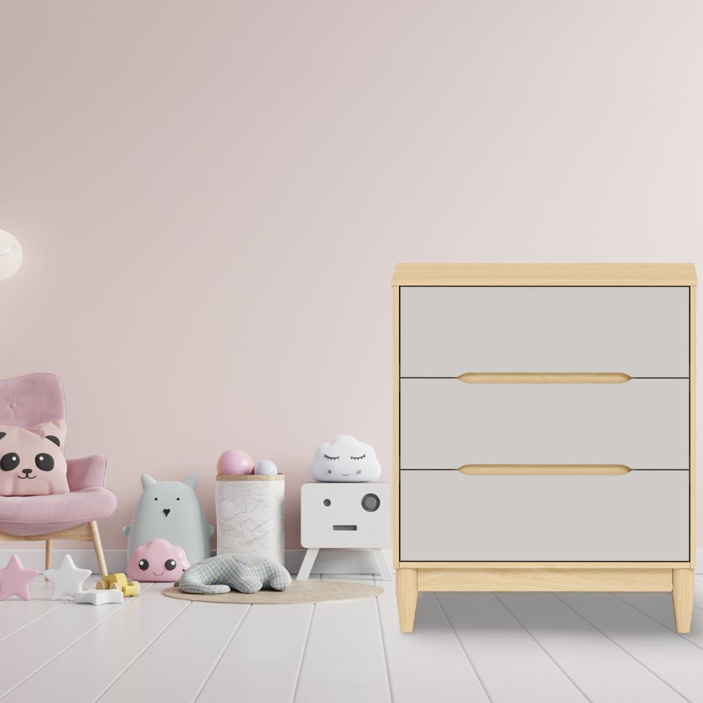 Cômoda para Quarto de Bebê 3 Gavetas Tomi Cor Cinza e Carvalho - Quater