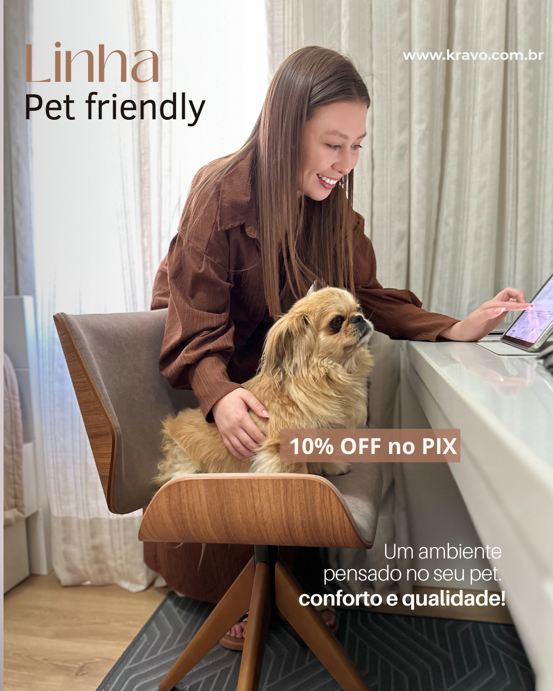 Cadeira de Jantar / Escritório Giratória Heloísa Cor Freijó Tecido Pet Friendly