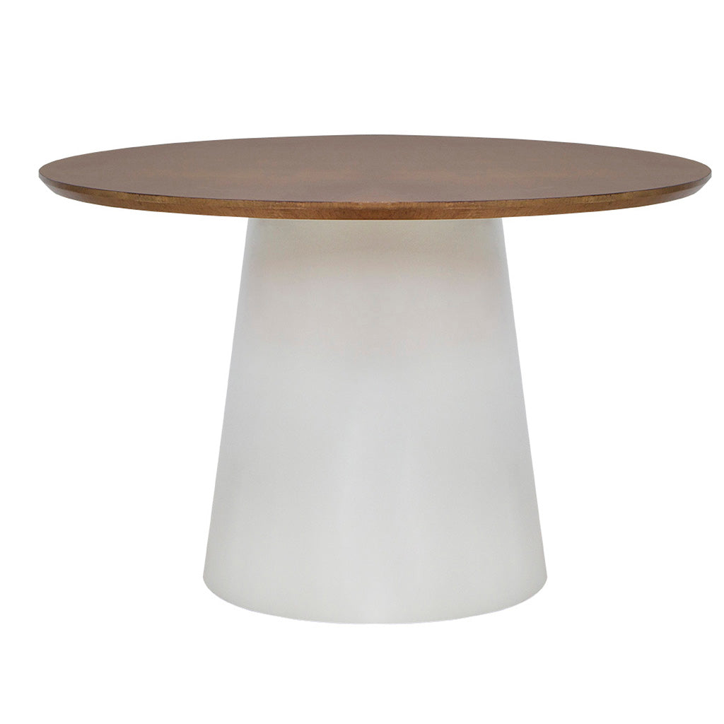mesa de jantar redonda aurora cone branco tampo amêndoa 140 cm, visto de frente