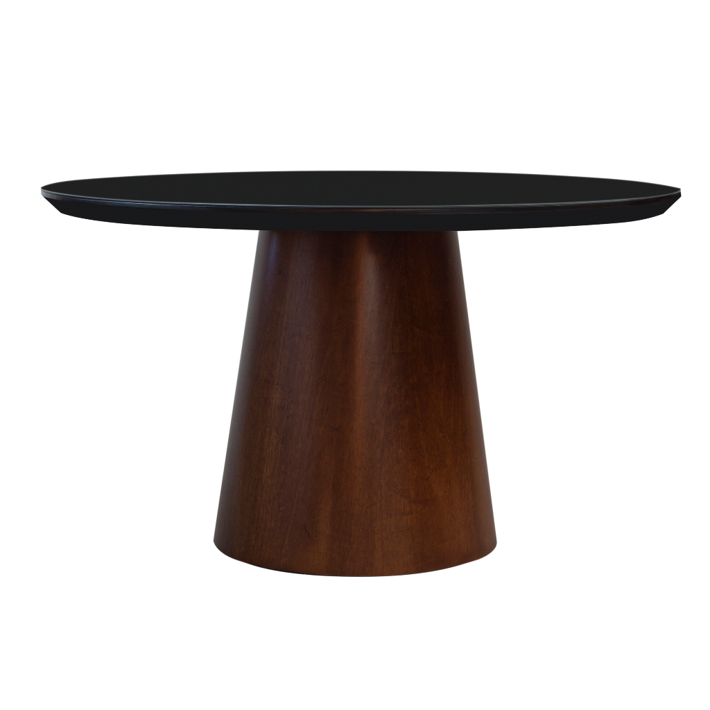 Mesa de Jantar Redonda Marina Cone Castanho Tampo Preto e Vidro Sobreposto Preto 140 cm, visto de frente