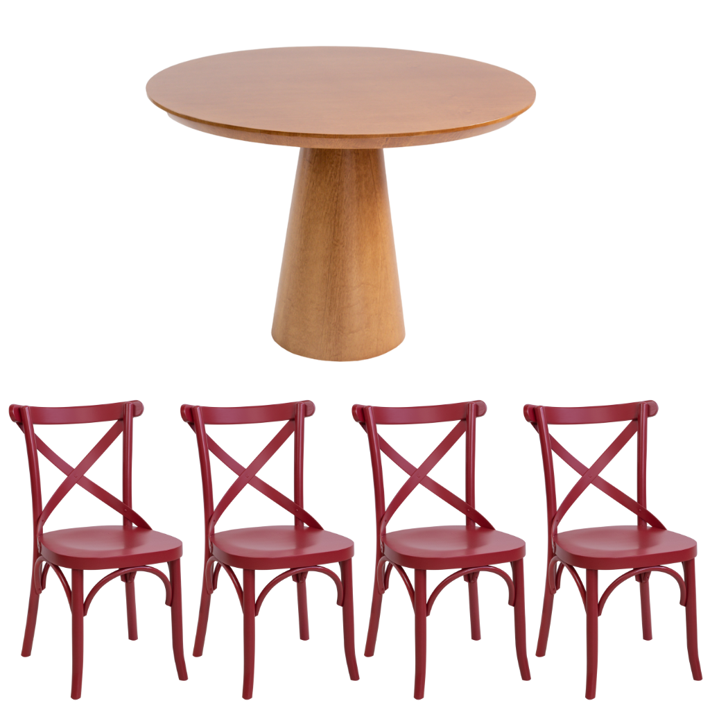 Mesa de Jantar Redonda Sarah Base Cone Amêndoa e Tampo Amêndoa 110 cm + 4 Cadeiras X Boho Cor Viva Magenta