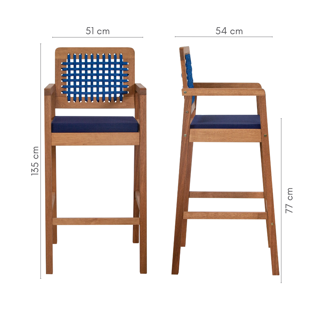 Banqueta de madeira, tecido acquablock azul e encosto de corda azul,    A=135 cm      C=51 cm     L=54 cm