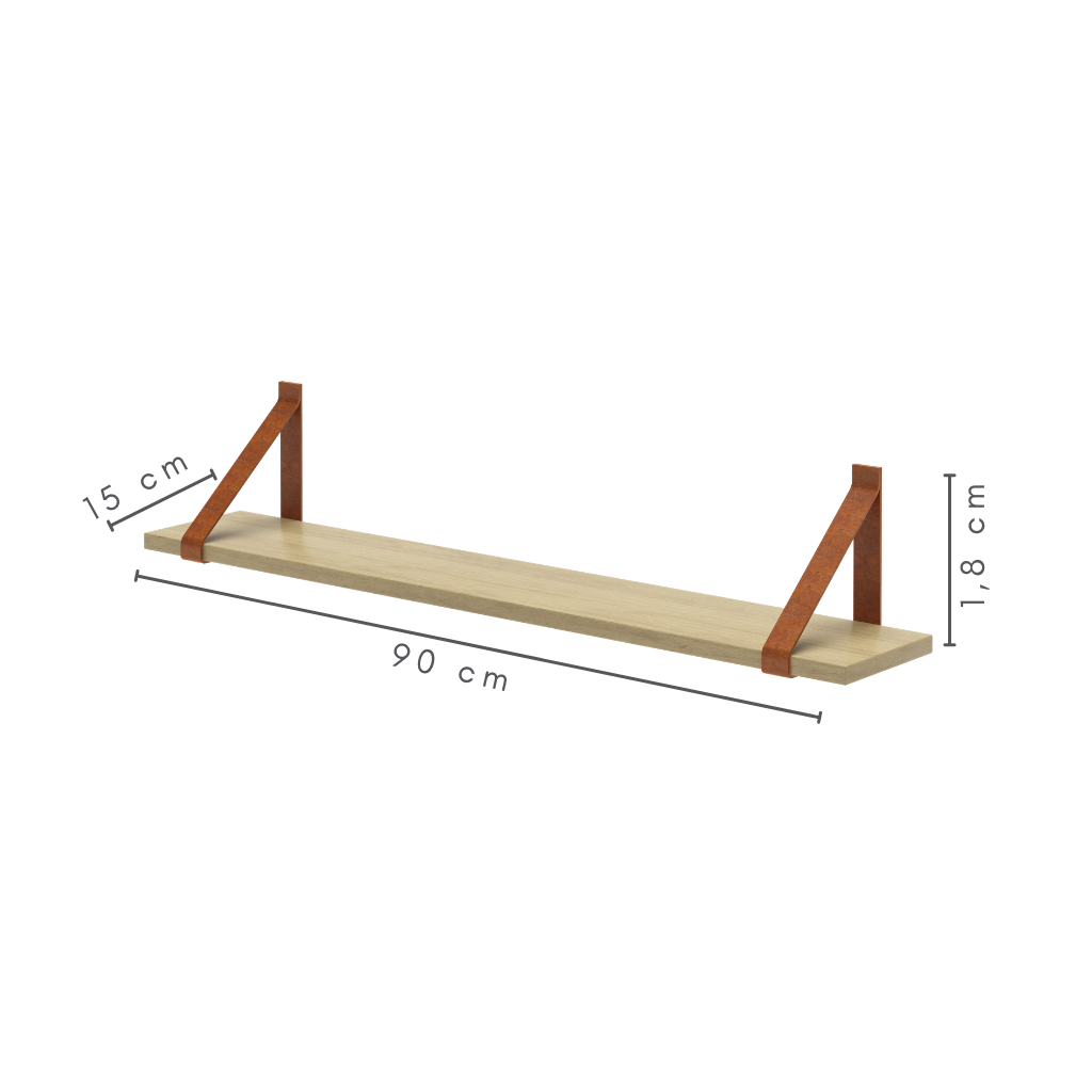 Prateleira de Parede 90 cm em MDF com Alça de Couro Sintético Cor Carvalho, medidas:  A=1,8 cm   C=90 cm   L=15 cm