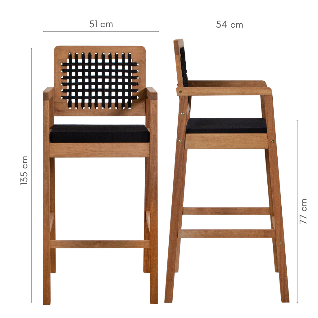 Banqueta de madeira, tecido acquablock preto e encosto de corda preta,   A=135 cm     L=54 cm    C=51 cm