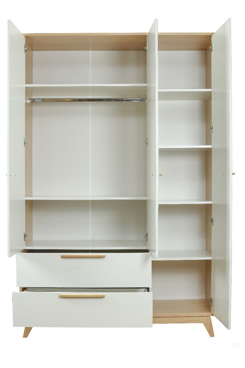 Conjunto Quarto Bebê: Berço + Cômoda 3 Gavetas + Guarda Roupa 3 Portas e 2 Gavetas Petit Branco e Carvalho