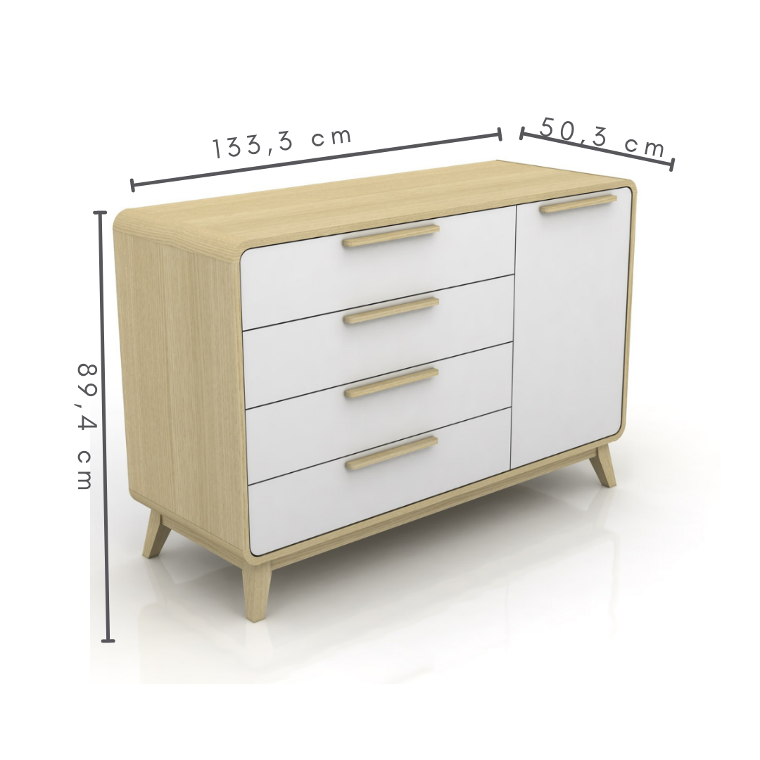 cômoda 4 gavetas e 1 porta evolutivo cor carvalho e branco, medidas     A=89,4 cm     C=133,3 cm     L=50,3 cm