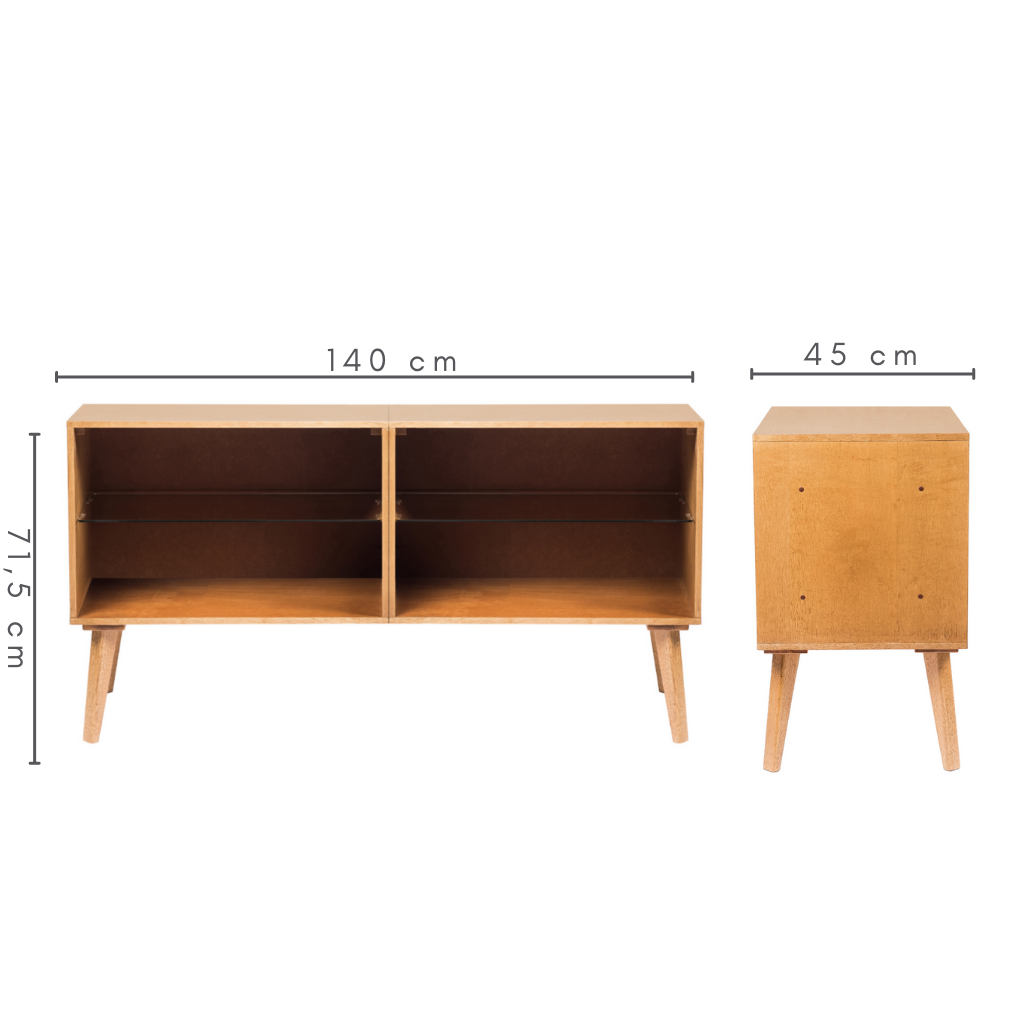 Rack em Madeira 2 prateleira de vidro Retrô Amêndoa, medidas:   A=71,5 cm   C=140 cm    L=45 cm