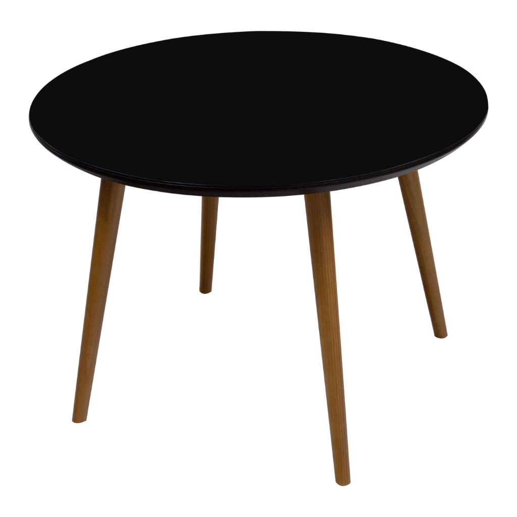 mesa de jantar redonda Angela pés palitos amêndoa tampo preto com vidro preto sobreposto 110 cm, visto de lado