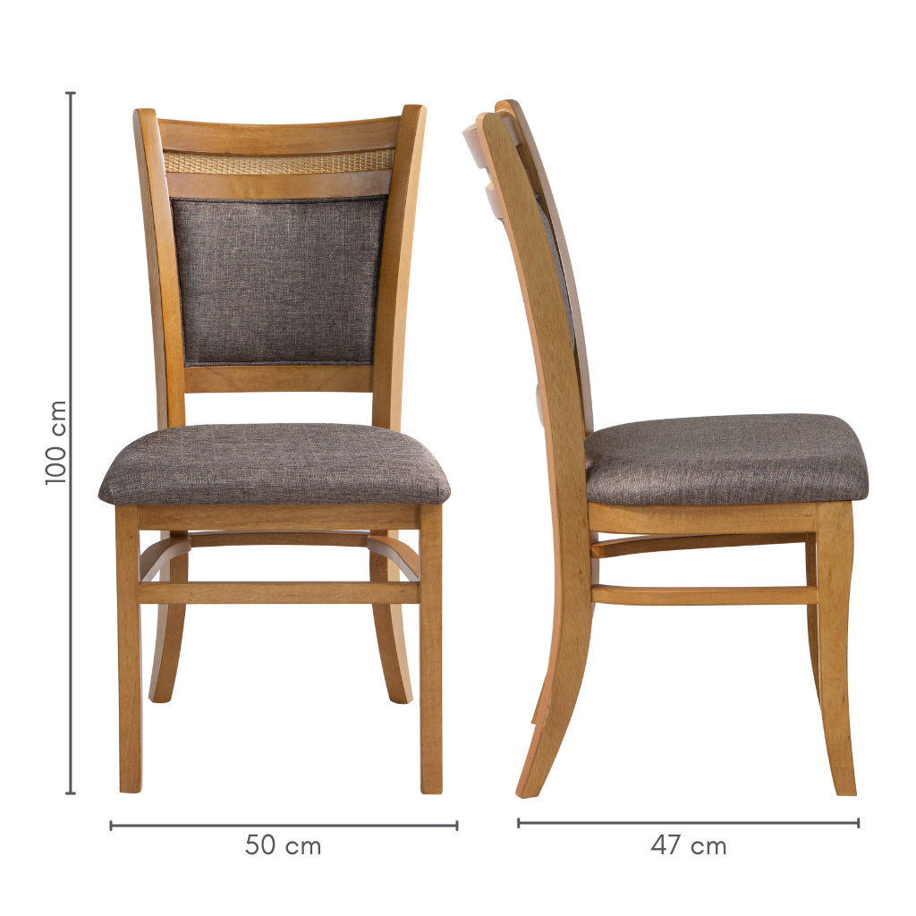conjunto 2 cadeira Tammy cor amêndoa, tecido linho marrom com detalhe em Tattan, medidas    A=100 cm    C=50 cm    L=47 cm