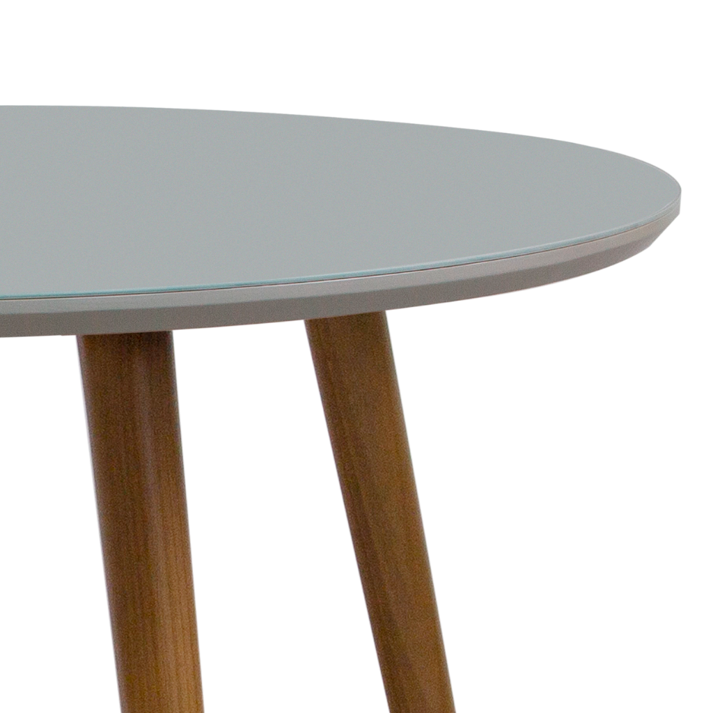 mesa de jantar redonda Agatha, pés palito Amêndoa, tampo fendi com vidro fendi sobreposto 110 cm, destacando as bordas