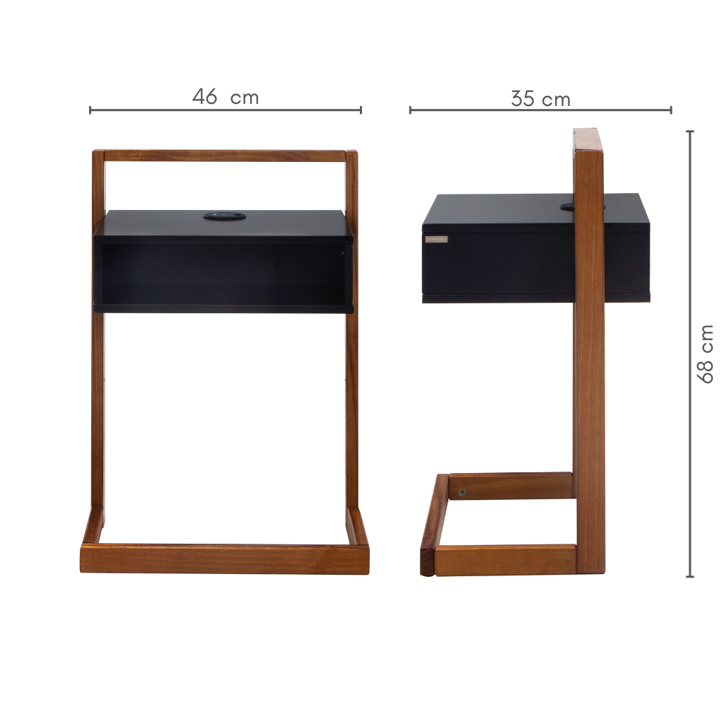 mesa de cabeceira em madeira, cor preta com garapa natural volt, medidas     A=68 cm      C=46 cm    L= 35 cm