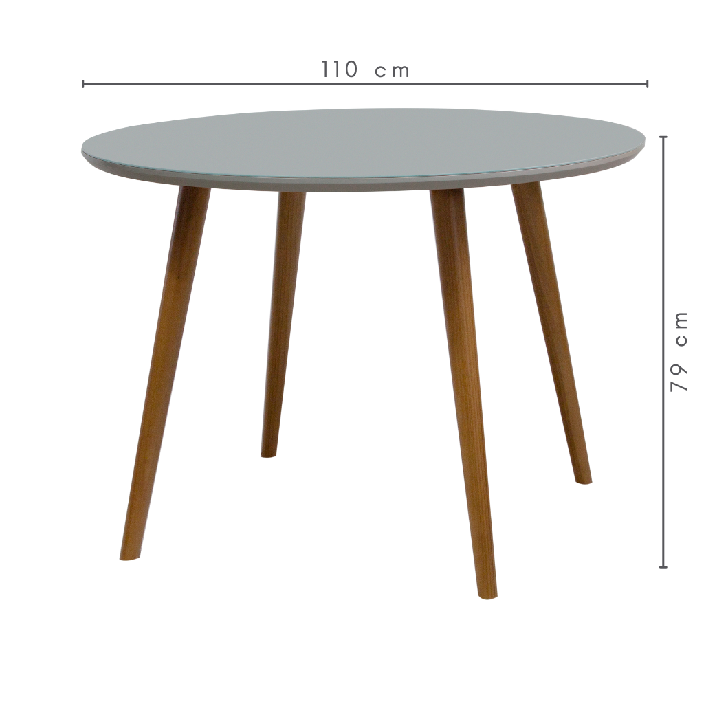 mesa de jantar redonda Agatha, pés palito Amêndoa, tampo fendi com vidro fendi sobreposto 110 cm, medidas=   A=79 cm    C=110 cm