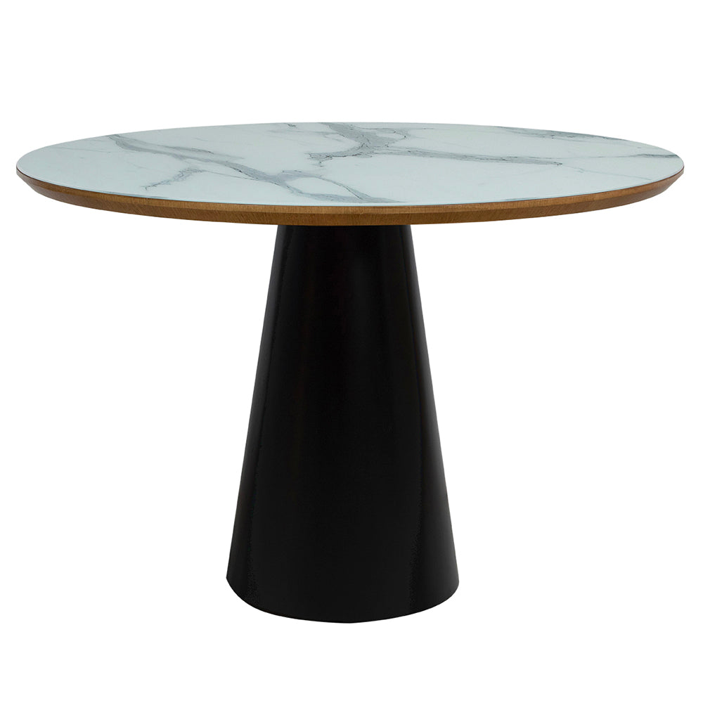 Mesa de Jantar Redonda Valentina Base Preta Tampo Amêndoa Com Vidro Branco Marmorizado Sobreposto 110 cm