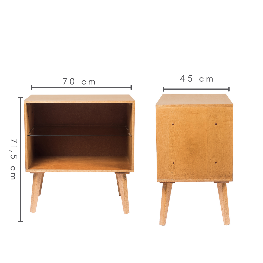 Balcão com 1 prateleira de vidro, cor amêndoa, pés palito,   A=71,5 cm   C=70 cm   L=45 cm 