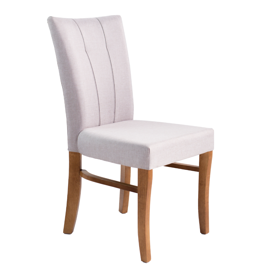 conjunto 2 cadeira naíma com tecido bege roma e pés imbuia, visto de lado