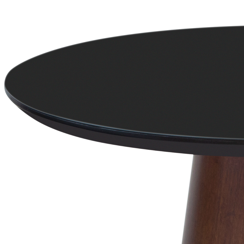 Mesa de Jantar Redonda Marina Cone Castanho Tampo Preto e Vidro Sobreposto Preto 140 cm, destacando a borda