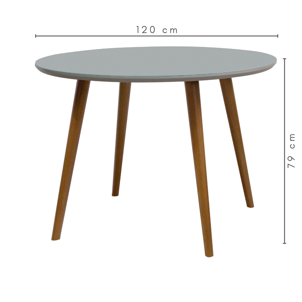 mesa de jantar redonda Agnes pés palitos Amêndoa tampo fendi com vidro fendi sobreposto 120 cm, pés palito, medidas    A=79 cm    C=120 cm