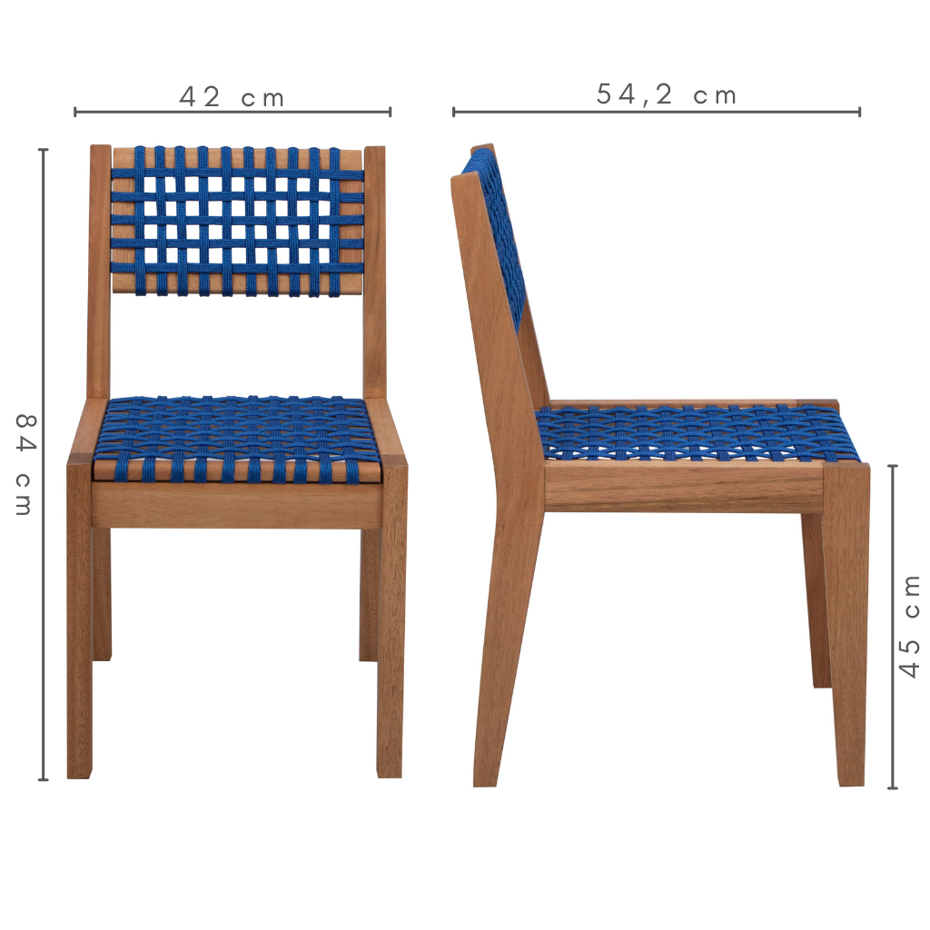 Cadeira de madeira com encosto, assento de cordas cor azul, medidas    A= 84 cm    L=54,2 cm      C= 42 cm