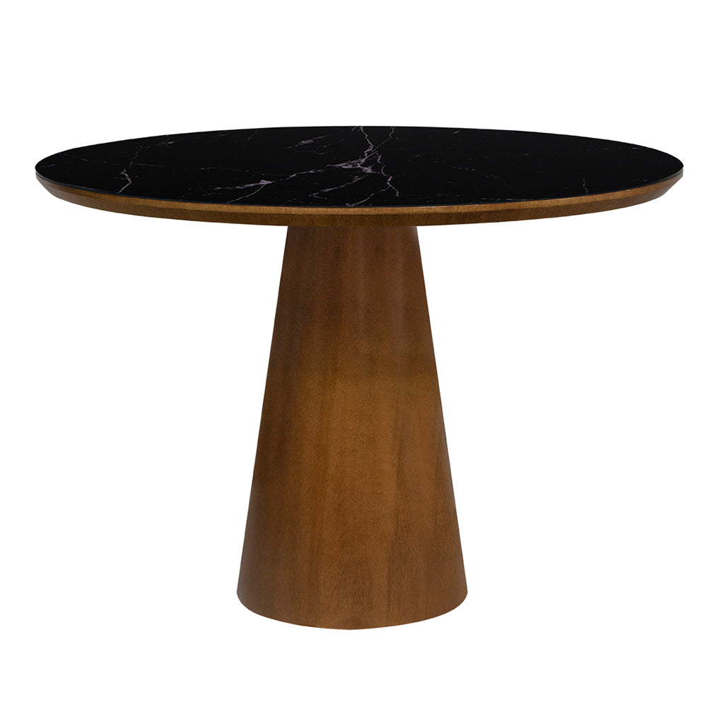 mesa de jantar redonda cecília base e tampo amêndoa com vidro preto marmorizado sobreposto 110 cm, visto de frente