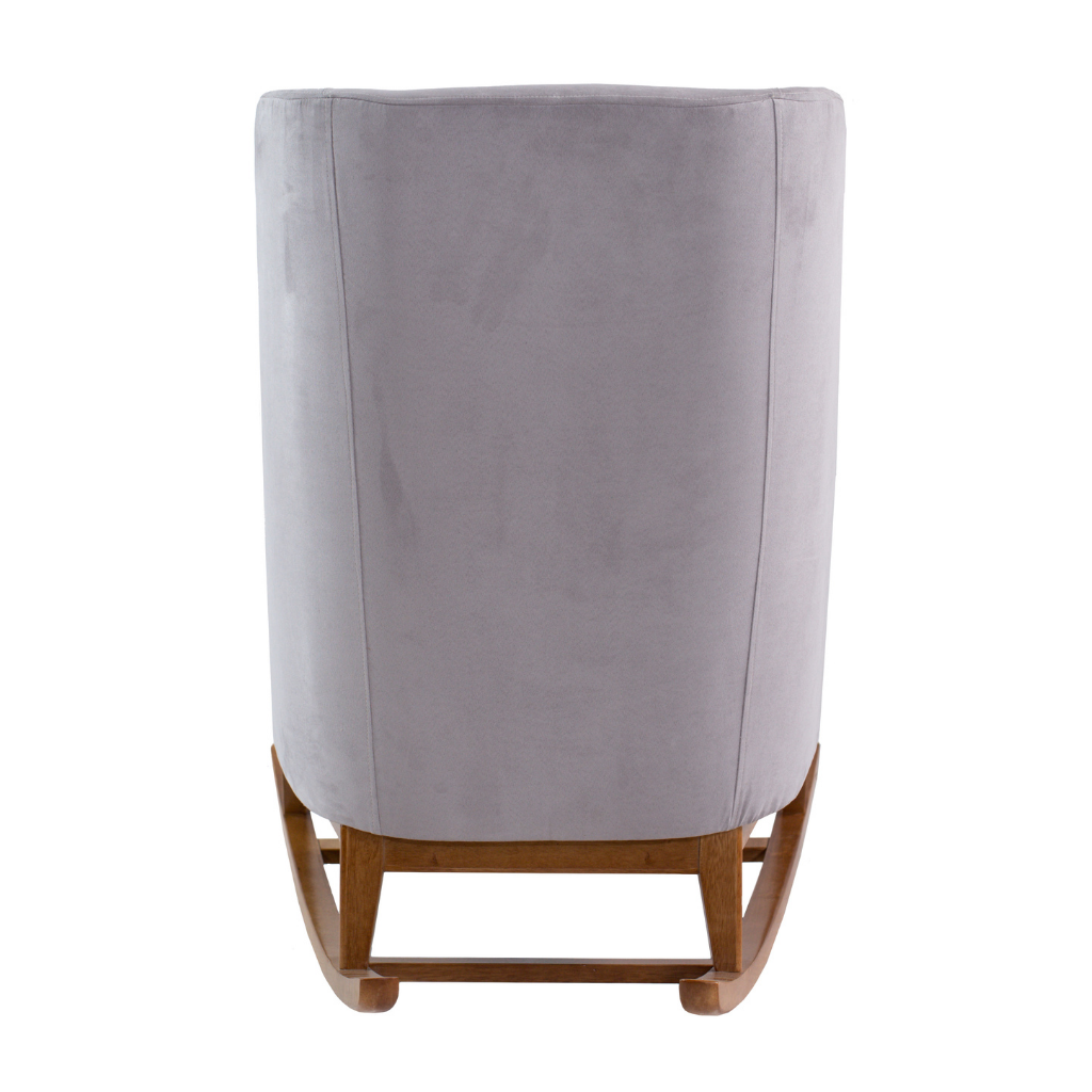 Cadeira de amamentação balanço cor amêndoa com tecido cinza, visto de costas