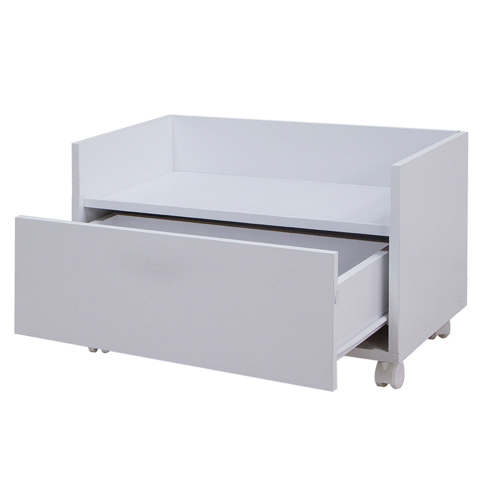 Gaveteiro Aron Com 1 Gaveta e 4 Pés Com Rodas Em Madeira Cor Branco, visto de lado e com a sua gaveta aberta